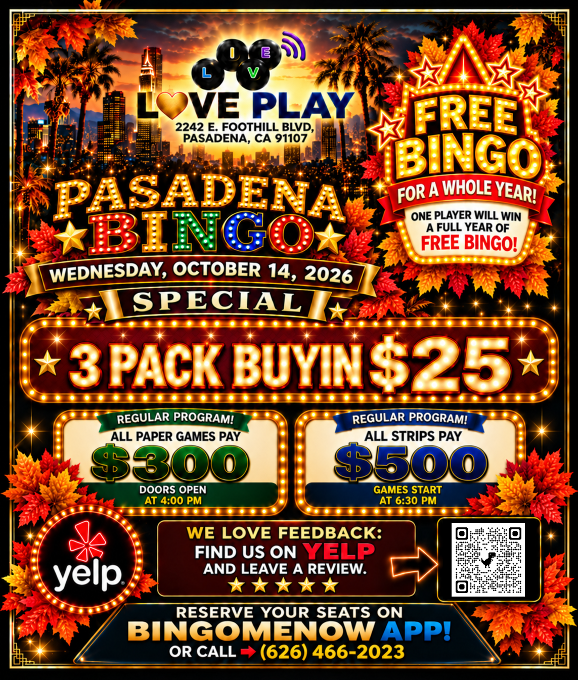 October 14 special three pack buy-in and free bingo for a year flyer