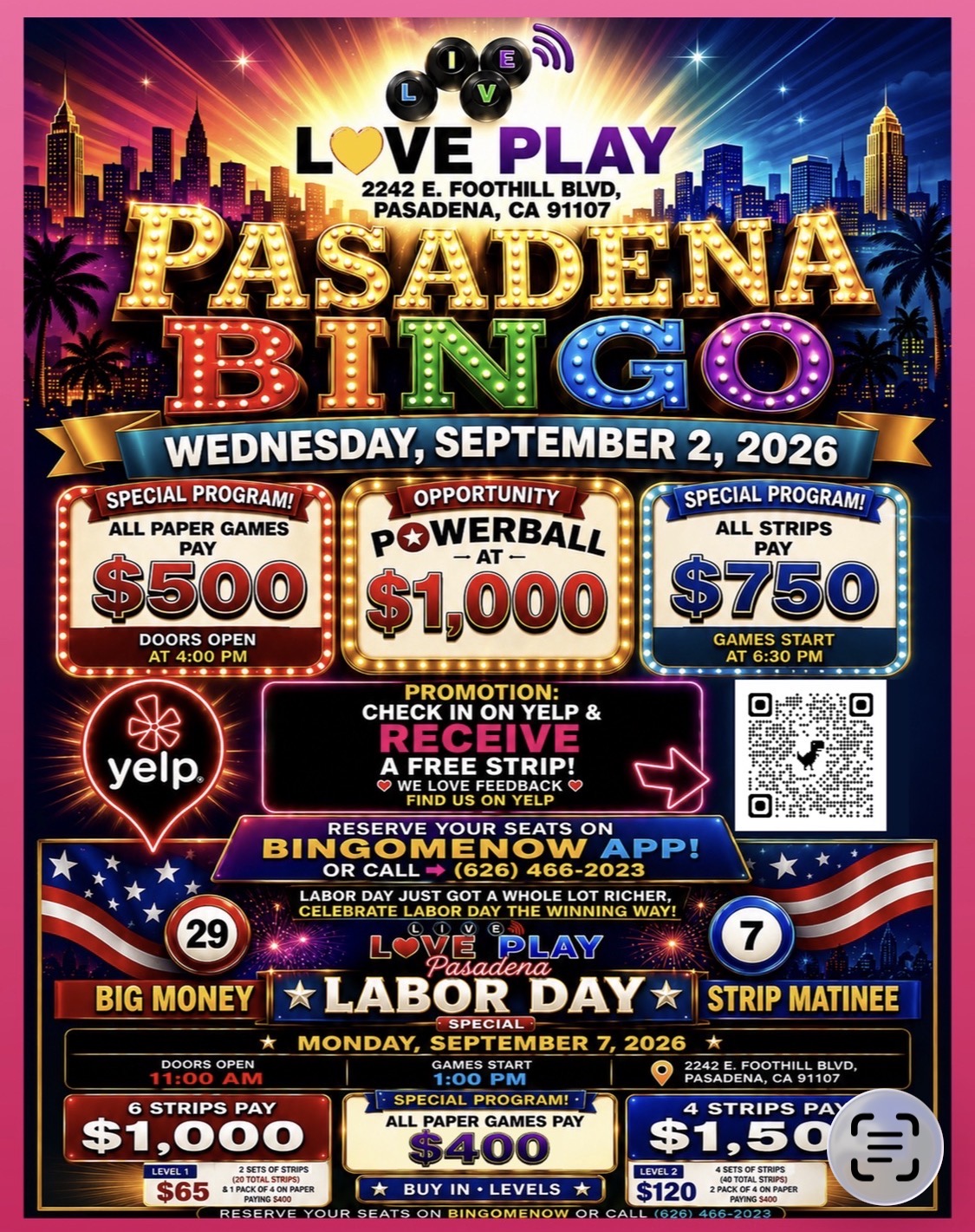 September 2 special program and Labor Day bingo session flyer